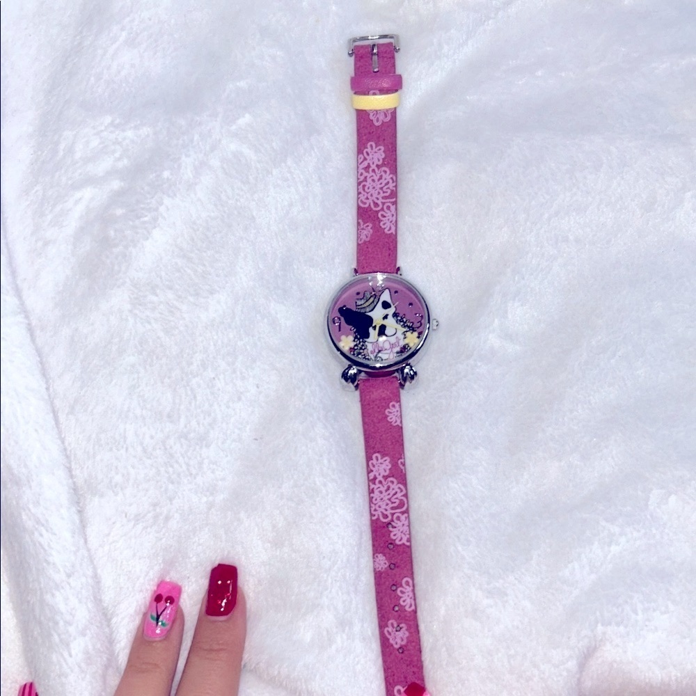 Pink Patterned Watch with Floral Dog Design